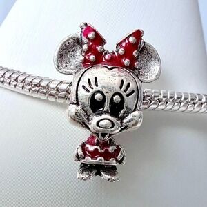 Silver & Red Minnie Mouse-inspired Bead Charm Fits Snake Chain Bracelets